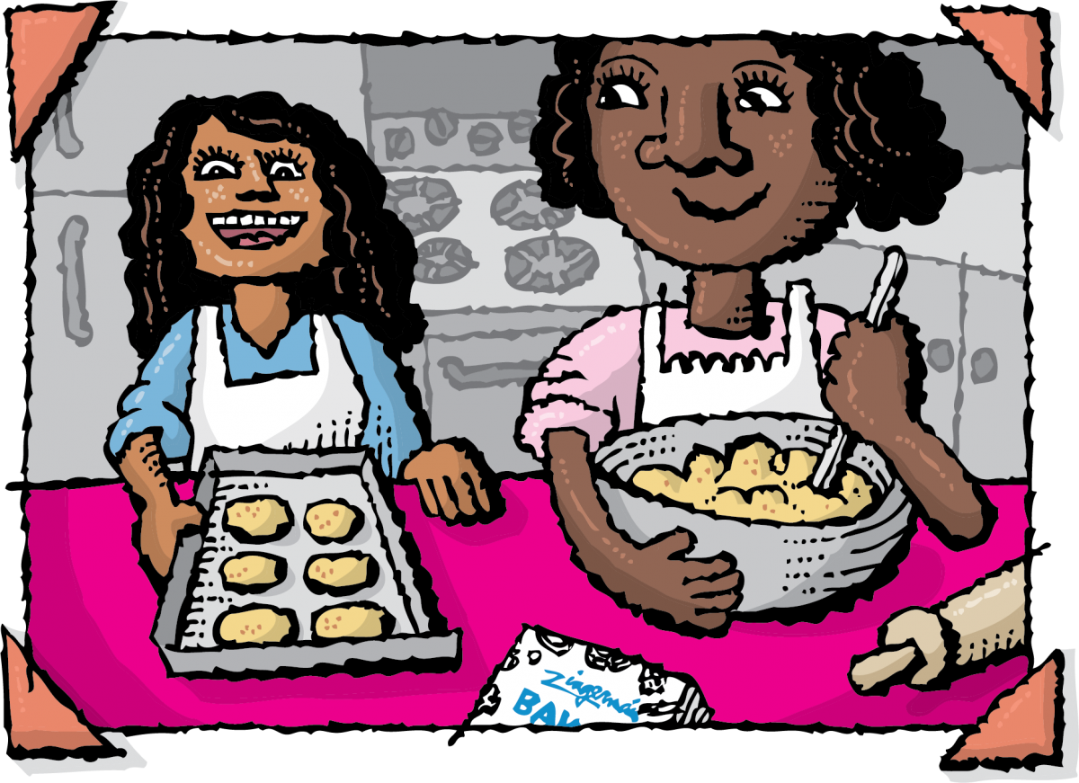 Two friends baking cookies