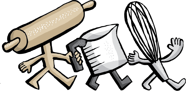 Rolling Pin, Measuring Cup and Whisk all walking together
